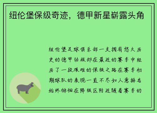 纽伦堡保级奇迹，德甲新星崭露头角