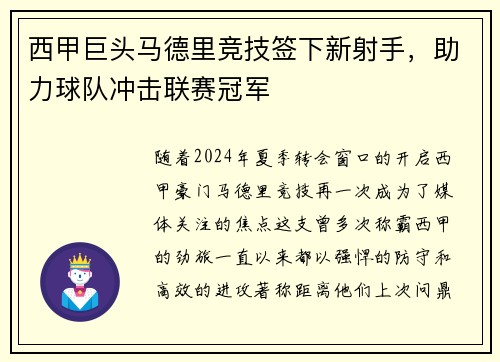 西甲巨头马德里竞技签下新射手，助力球队冲击联赛冠军