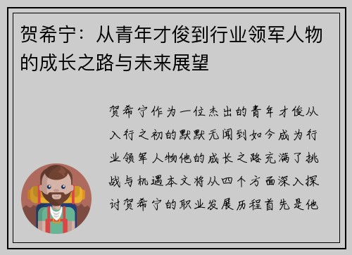 贺希宁：从青年才俊到行业领军人物的成长之路与未来展望