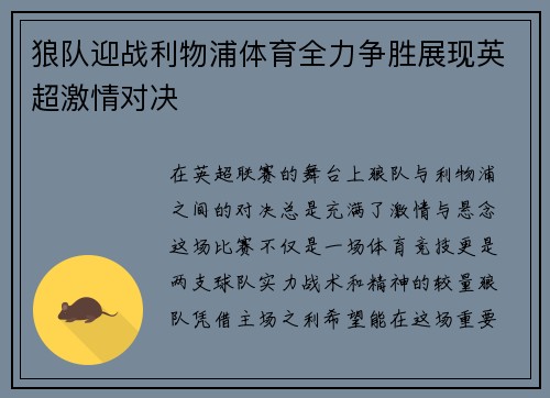 狼队迎战利物浦体育全力争胜展现英超激情对决