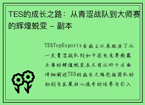 TES的成长之路：从青涩战队到大师赛的辉煌蜕变 - 副本