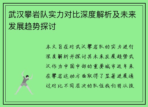 武汉攀岩队实力对比深度解析及未来发展趋势探讨