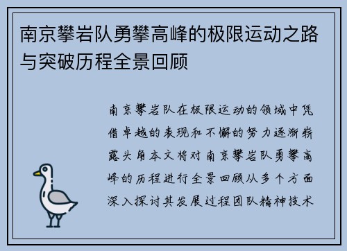 南京攀岩队勇攀高峰的极限运动之路与突破历程全景回顾